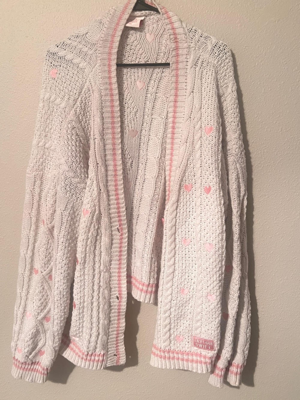 Taylor Swift Lover Cream Cable-Knit Cardigan with Pink Heart Accents